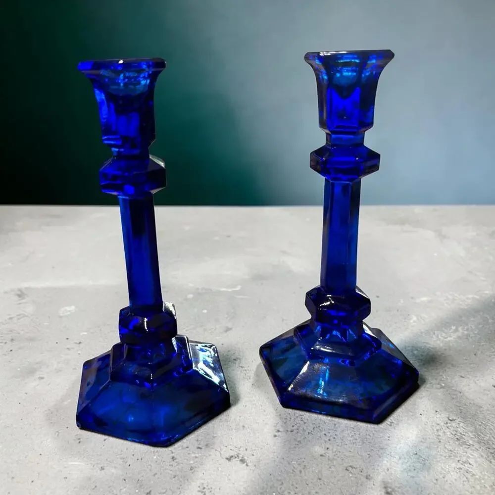Vintage Pair Cobalt Blue Glass Hexagon Taper Candlesticks Holders 6"